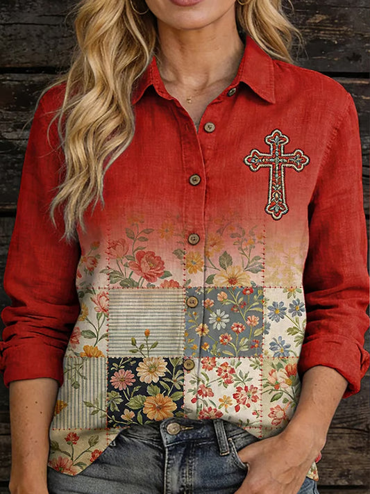 Women's Casual Faith Cross Floral Printed Shirt