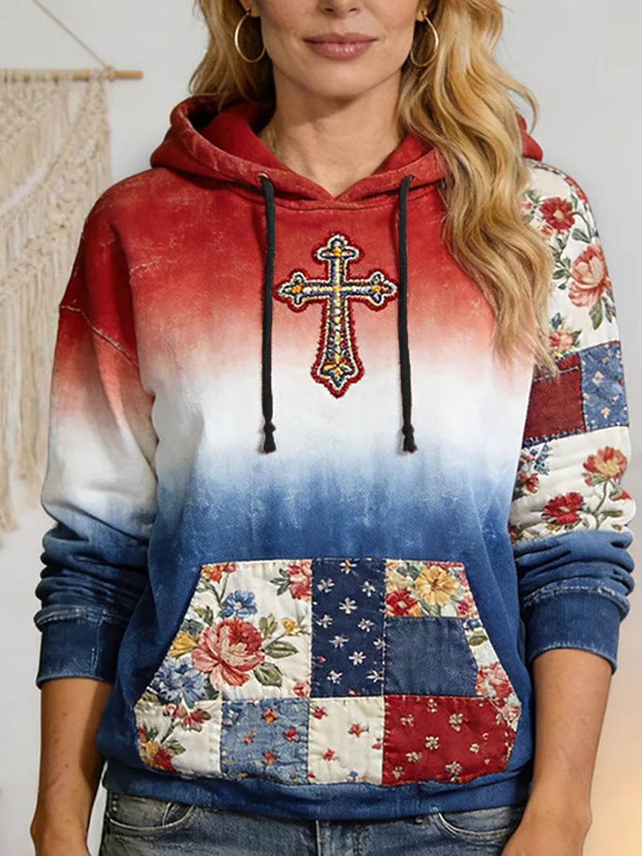 Women's Casual Faith Cross Floral Printed Hooded Sweatshirt