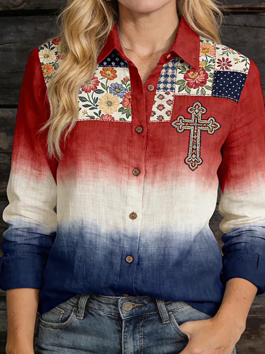 Women's Casual Faith Cross Floral Printed Shirt