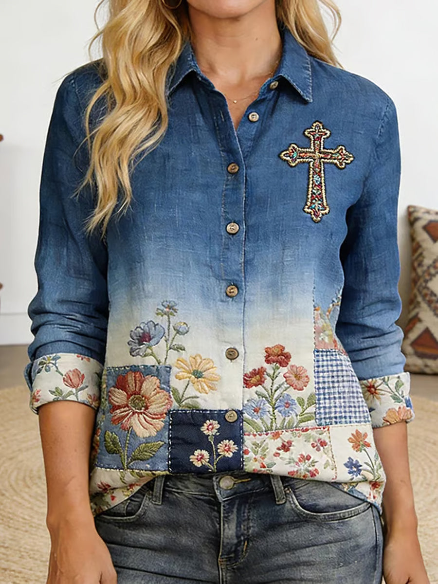Women's Casual Faith Cross Floral Printed Shirt