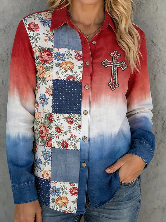 Women's Casual Faith Cross Floral Printed Shirt