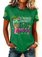 Women's St Patrick’s Hot Mess Shamrock Print O-Neck Short Sleeve T-shirt