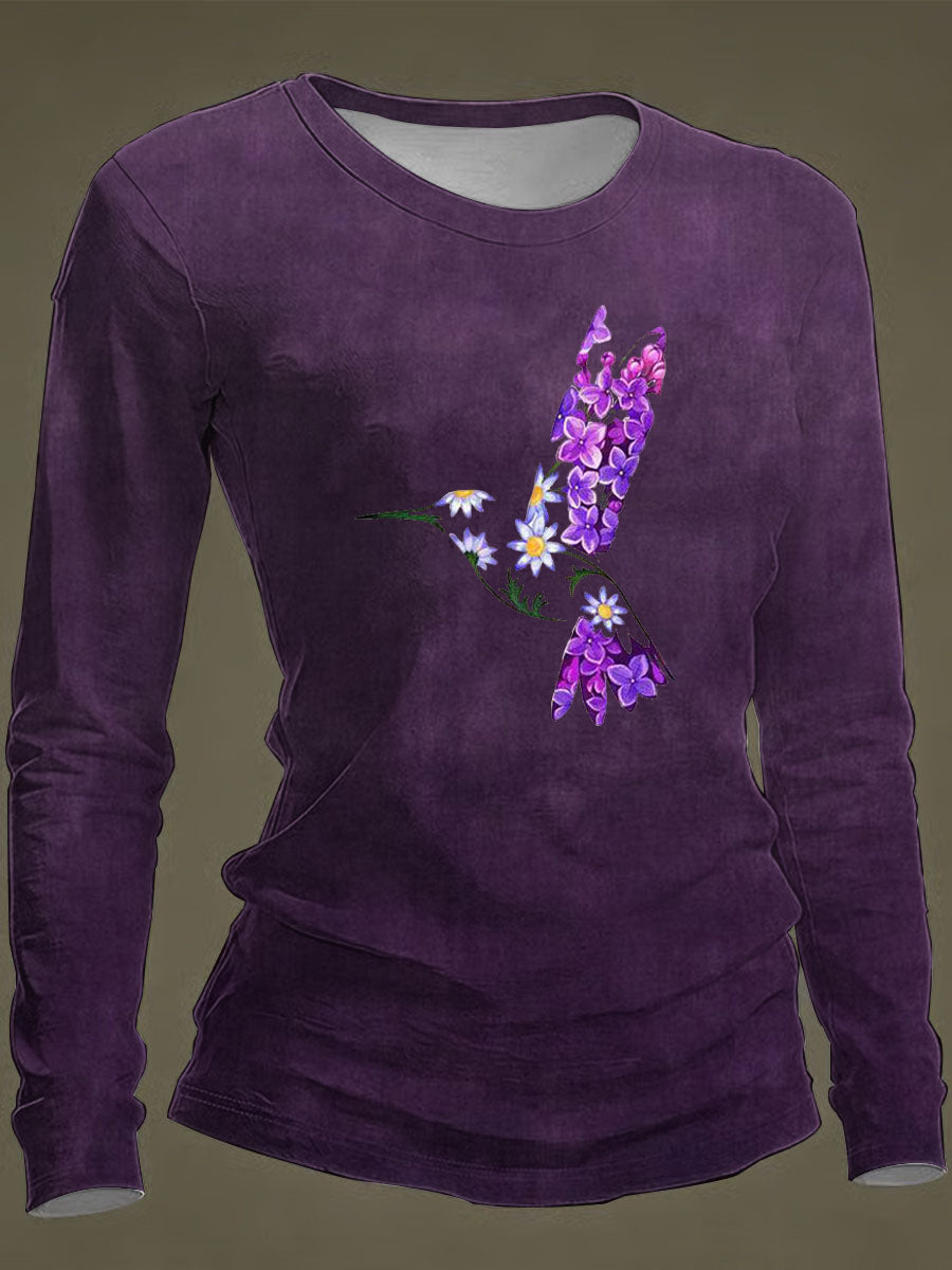 Women's Purple Art Print Casual Long-Sleeve T-Shirt
