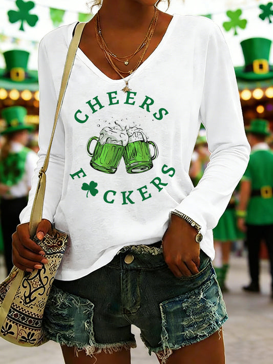 Men's Funny St. Patrick's Day Cheers F*ckers Green Beer Shamrock Print Casual V-Neck Long-Sleeve T-Shirt