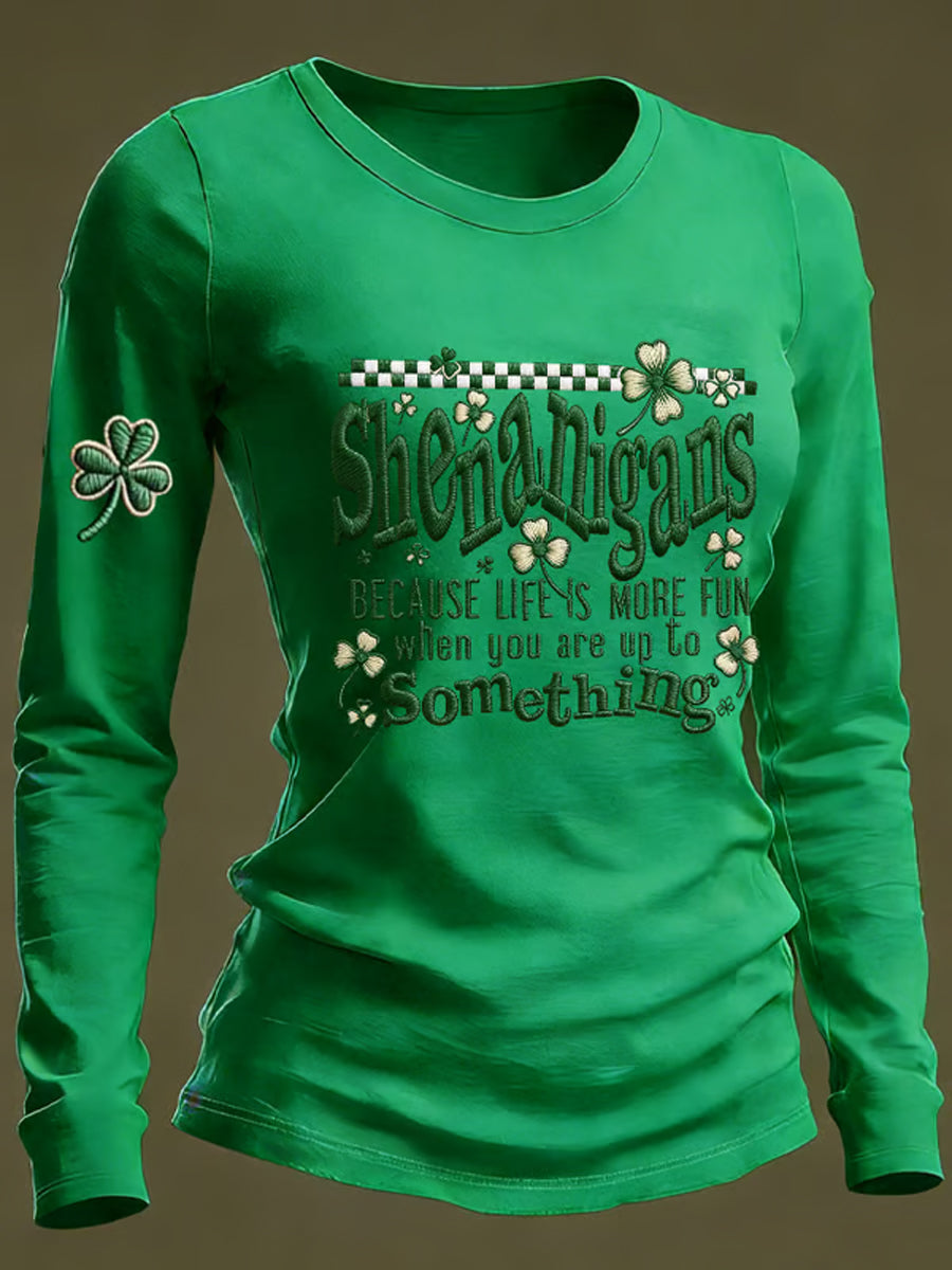 Women's Retro Shenanigans Shamrock St Patricks Print Shirt