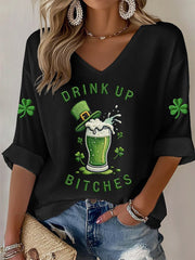 Women's Funny St. Patrick's Day Drink Up Bitches Green Beer Shamrock Print Casual Long-Sleeve Top