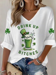 Women's Funny St. Patrick's Day Drink Up Bitches Green Beer Shamrock Print Casual Long-Sleeve Top
