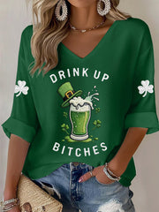 Women's Funny St. Patrick's Day Drink Up Bitches Green Beer Shamrock Print Casual Long-Sleeve Top