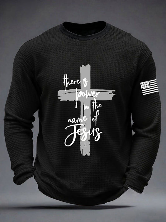 Men's There is Power in The Name of Jesus Faith Cross Waffle Long Sleeve T-Shirt