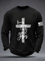Men's There is Power in The Name of Jesus Faith Cross Waffle Long Sleeve T-Shirt