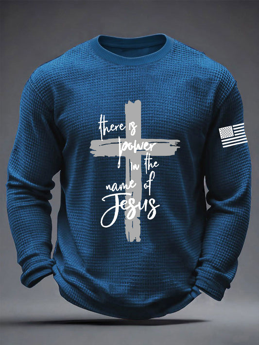 Men's There is Power in The Name of Jesus Faith Cross Waffle Long Sleeve T-Shirt