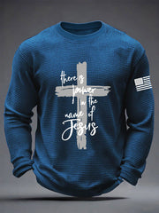 Men's There is Power in The Name of Jesus Faith Cross Waffle Long Sleeve T-Shirt