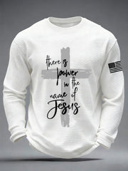 Men's There is Power in The Name of Jesus Faith Cross Waffle Long Sleeve T-Shirt