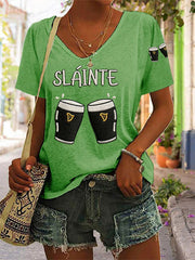 Women's St. Patrick's Day Sláinte Guinness Print Casual V-Neck Tee
