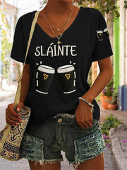 Women's St. Patrick's Day Sláinte Guinness Print Casual V-Neck Tee