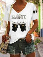 Women's St. Patrick's Day Sláinte Guinness Print Casual V-Neck Tee