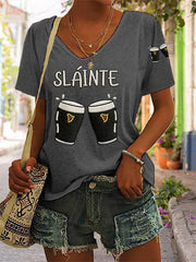 Women's St. Patrick's Day Sláinte Guinness Print Casual V-Neck Tee
