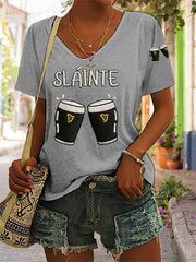 Women's St. Patrick's Day Sláinte Guinness Print Casual V-Neck Tee