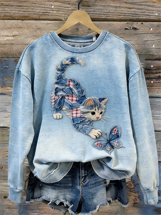 Women's Cute Cat & Butterfly Art Washed Sweatshirt