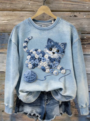 Women's Cute Cat  Art Washed Sweatshirt