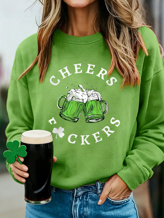 Women's Funny St. Patrick's Day Cheers F*ckers Green Beer Print Casual Sweatshirt
