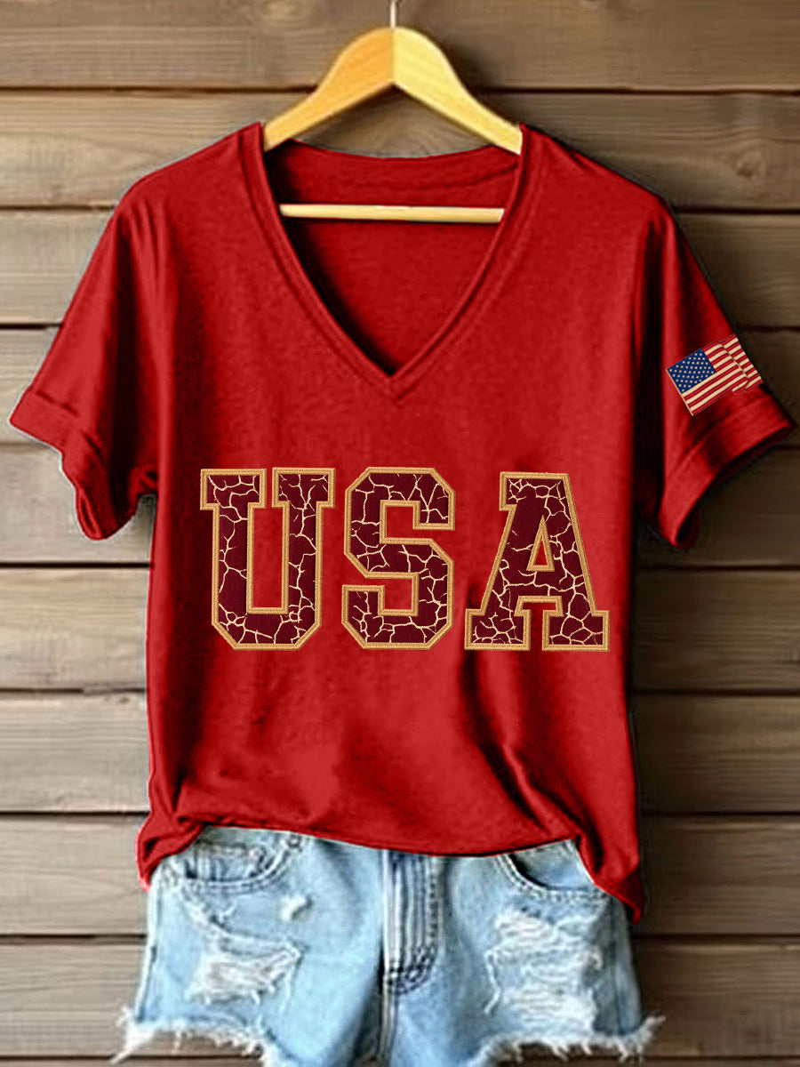 Women's Vintage USA Print V-Neck T-Shirt