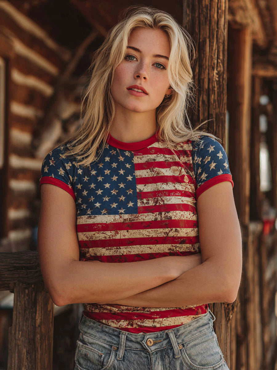 Women's American Flag Inspired Print Vintage T-Shirt
