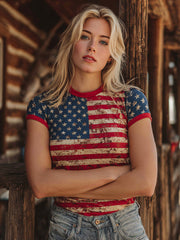Women's American Flag Inspired Print Vintage T-Shirt