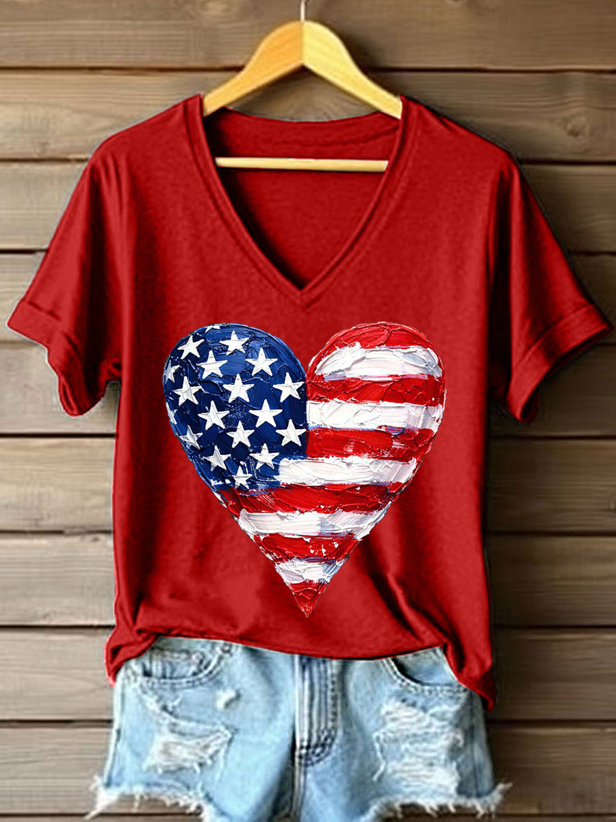 Women's American Heart Print V-Neck T-Shirt