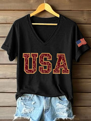 Women's Vintage USA Print V-Neck T-Shirt
