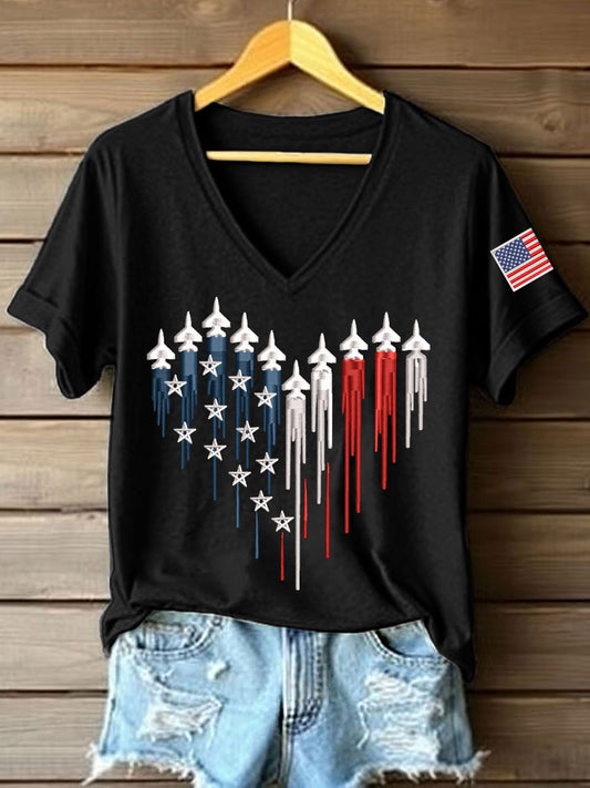 Women's American Heart Print V-Neck T-Shirt