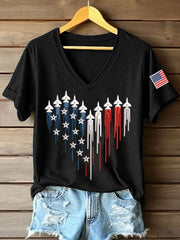 Women's American Heart Print V-Neck T-Shirt