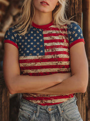Women's American Flag Inspired Print Vintage T-Shirt