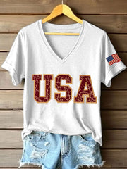 Women's Vintage USA Print V-Neck T-Shirt