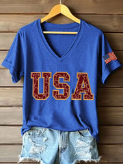 Women's Vintage USA Print V-Neck T-Shirt