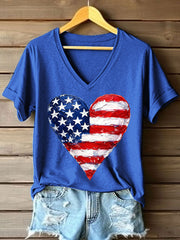 Women's American Heart Print V-Neck T-Shirt