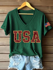 Women's Vintage USA Print V-Neck T-Shirt