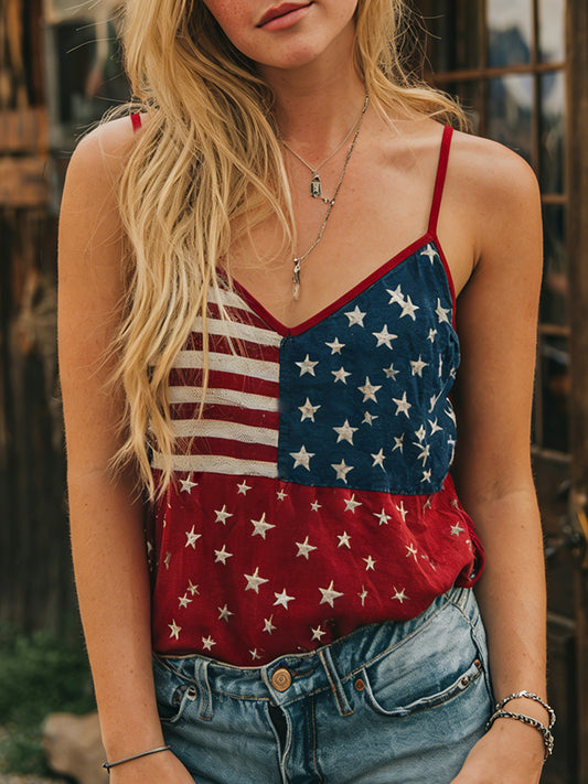 Women's American Flag Inspired Print Vintage V-Neck Tank Top