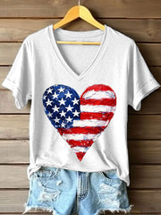 Women's American Heart Print V-Neck T-Shirt