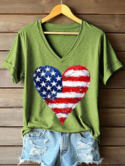 Women's American Heart Print V-Neck T-Shirt
