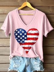Women's American Heart Print V-Neck T-Shirt