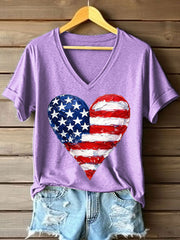 Women's American Heart Print V-Neck T-Shirt
