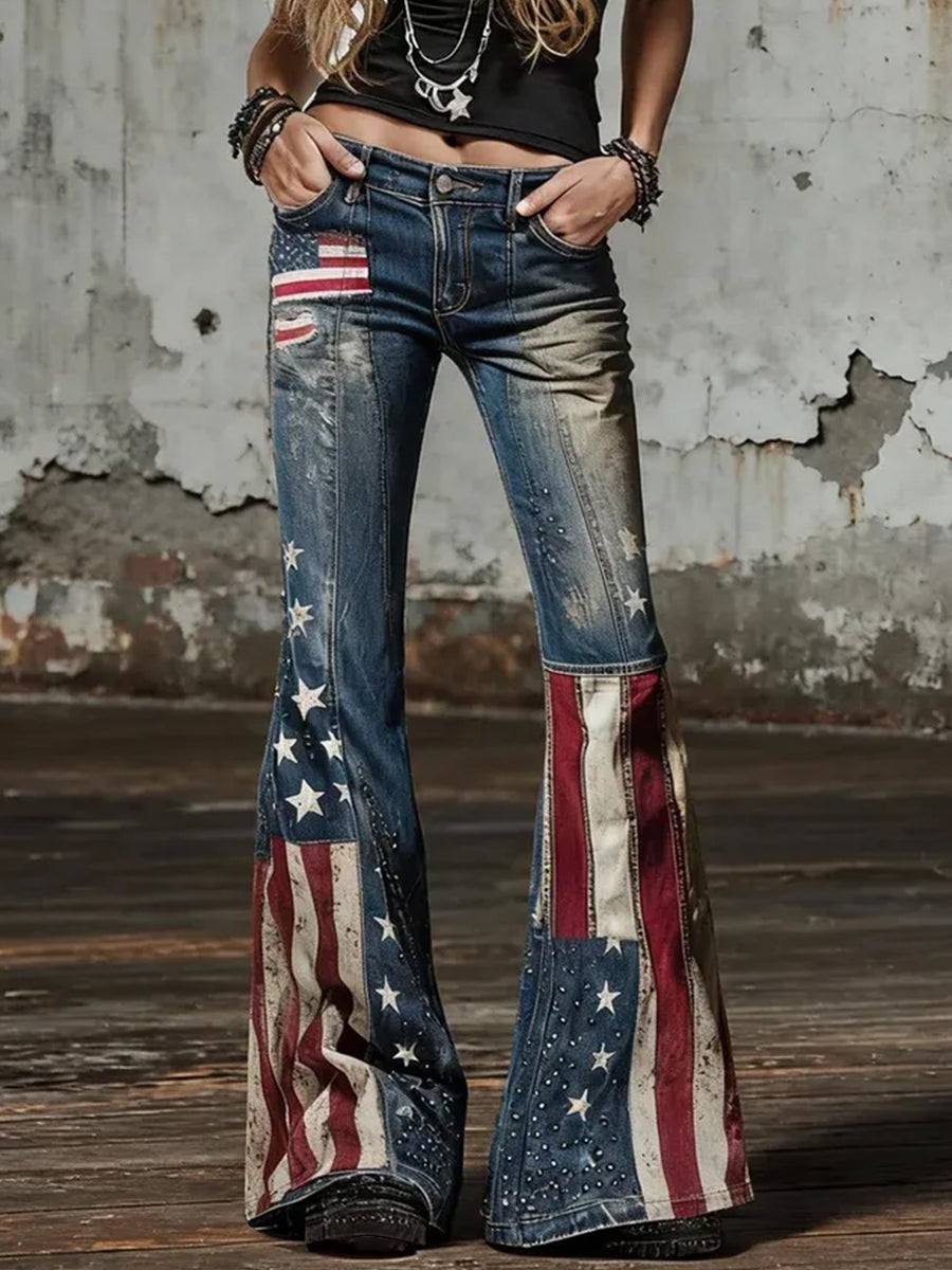 Women's American Flag Patchwork Vintage Jeans