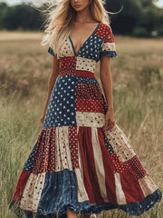 Women's American Flag Patchwork Maxi Dress