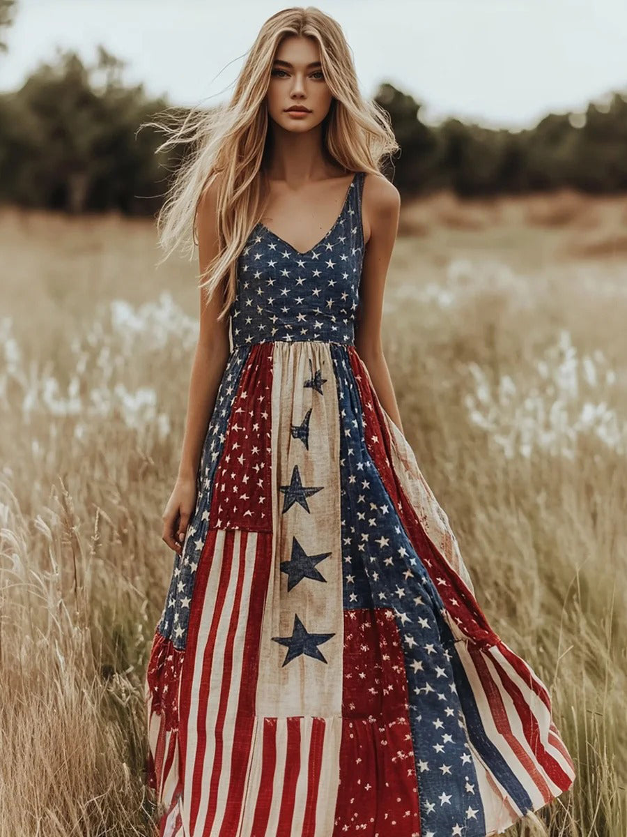 Women's American Flag Patchwork Maxi Dress