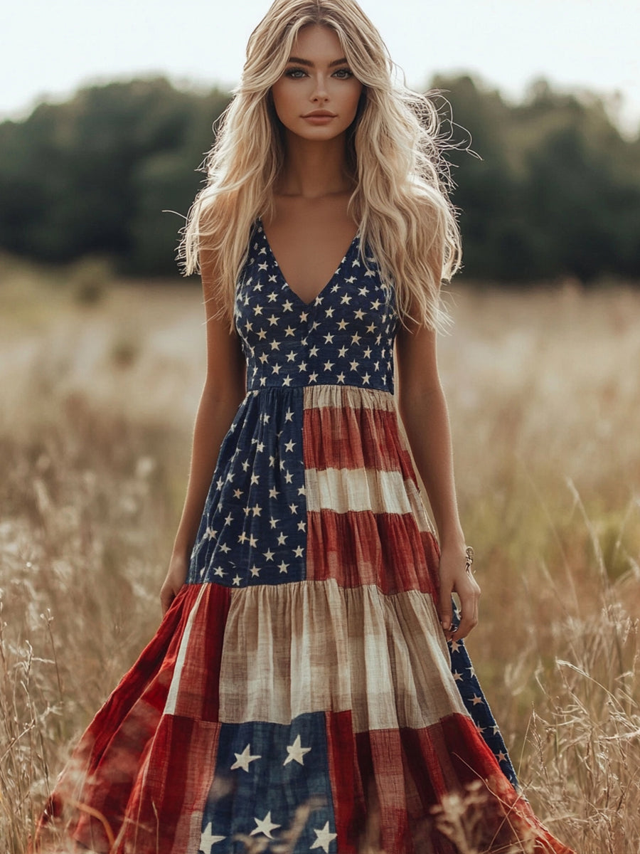 Women's American Flag Patchwork Maxi Dress
