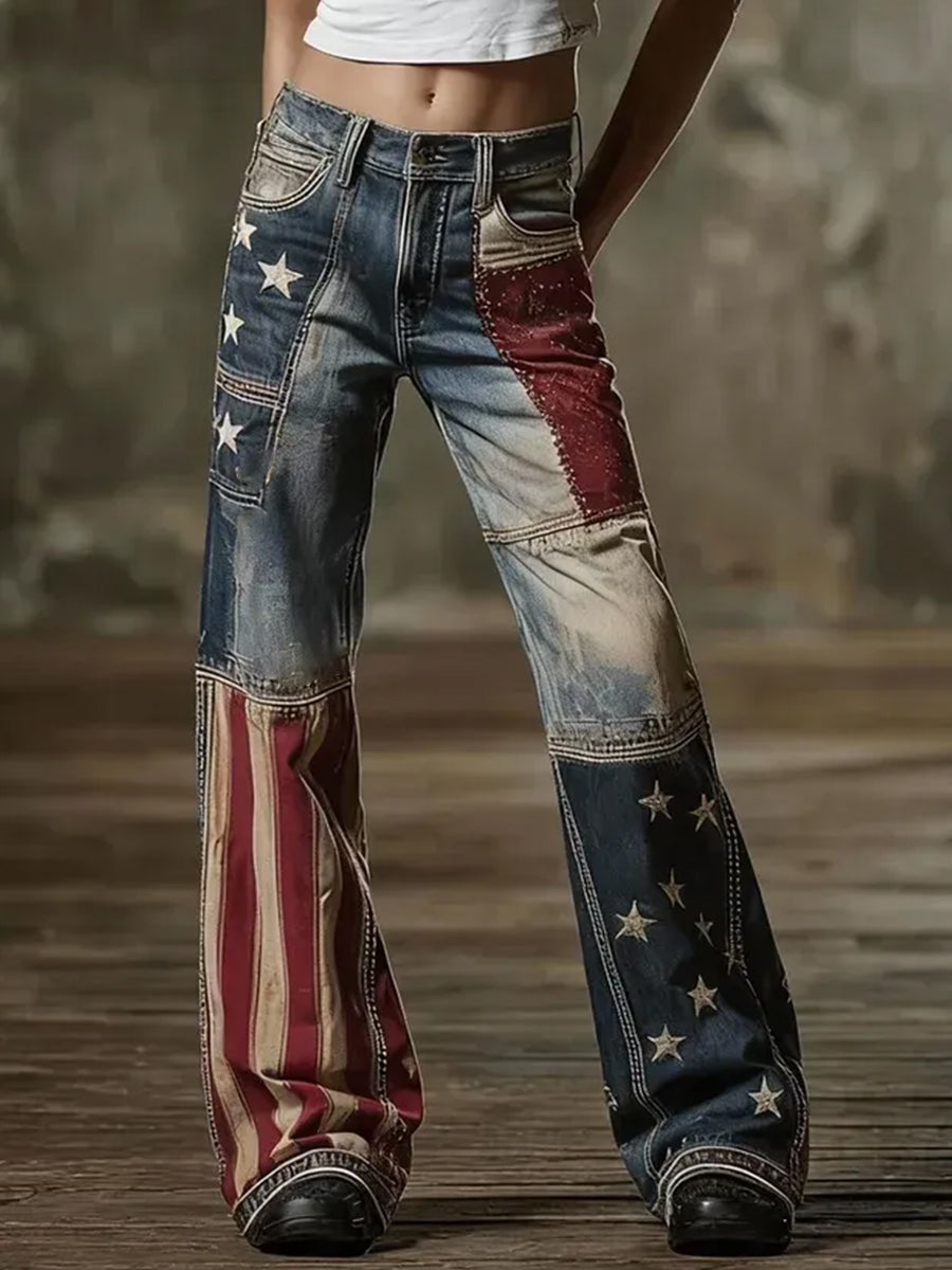 Women's American Flag Patchwork Vintage Jeans