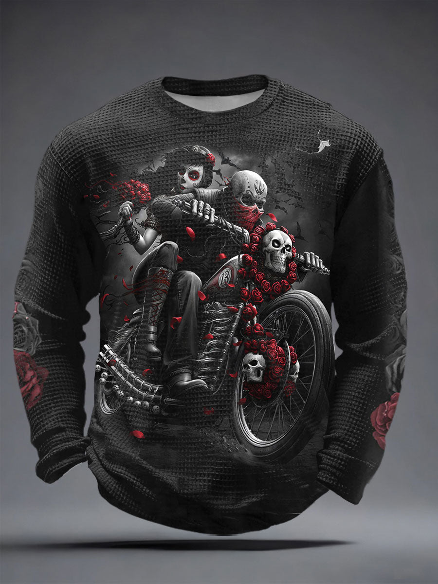 Men's Skull Motorcycle Print Waffle T-Shirts