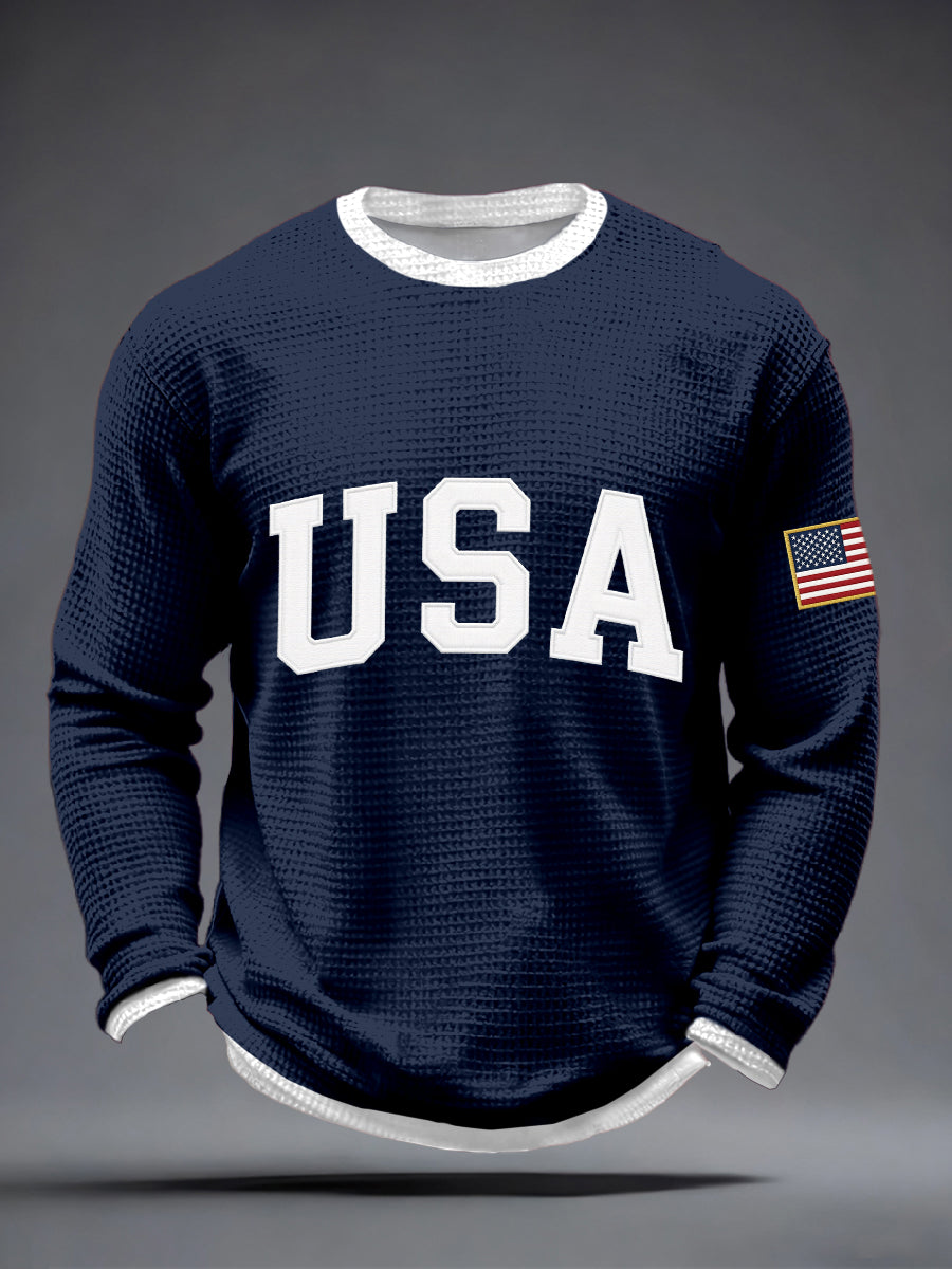 Men's USA Pattern Waffle Long-Sleeve T-Shirt