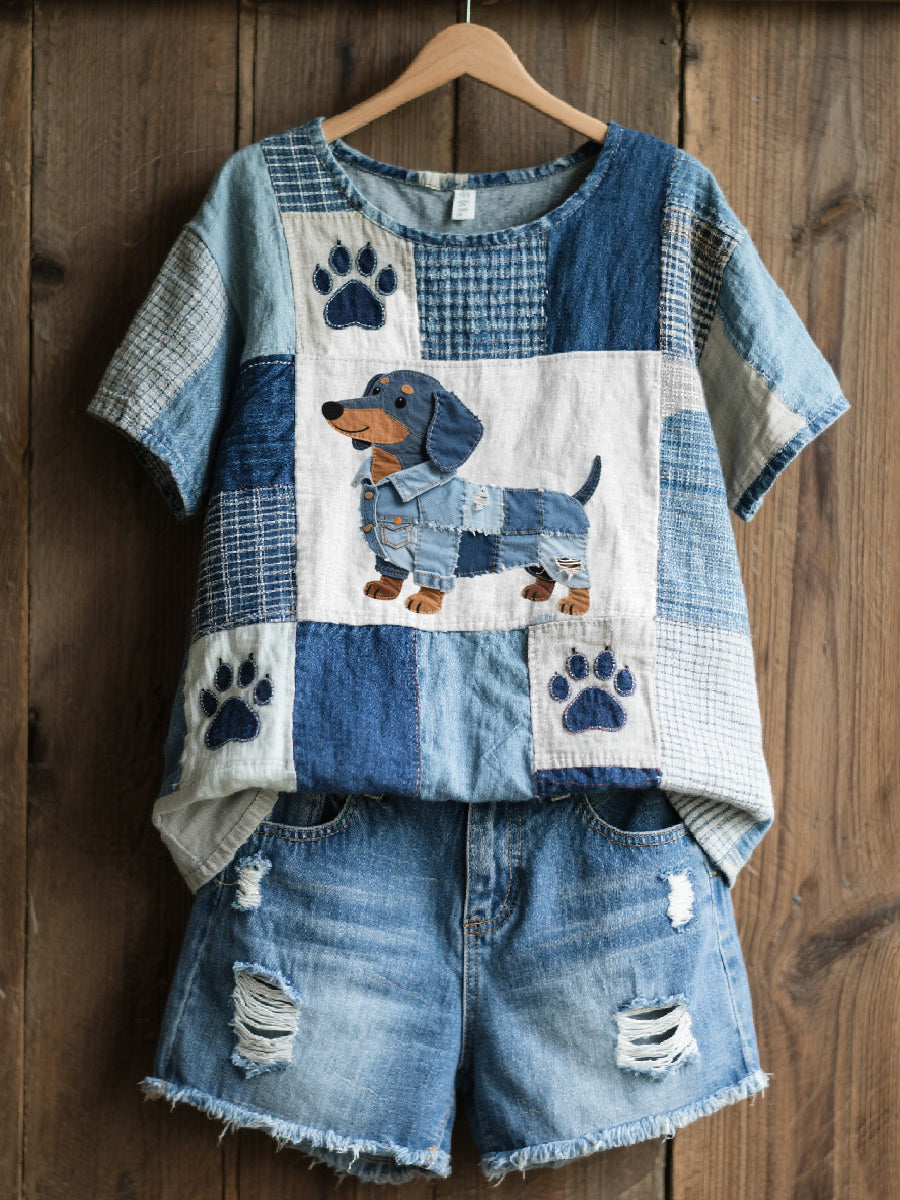 Women's Lovely Dachshund Pattern Patchwork Art Top
